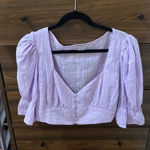 Seven Wonders | lilac purple cropped blouse with button front and puff sleeves